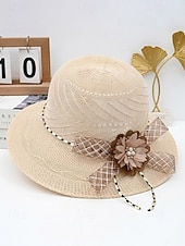 economico Cappelli da donna-Cappello da sole da donna in paglia stile bohémien, cappello da spiaggia a tesa larga multicolore con decorazione floreale 3D per un look casual.