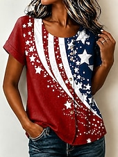 cheap Independence Day Top-American Independence Day Women's Blouse Buttons Print Floral Graphic Vintage Tropical Stylish Short Sleeve Crew Neck Long Tops Casual Holiday Blue + Red Black Red Summer Spring