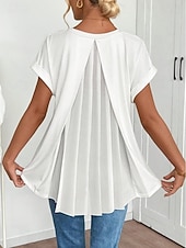 abordables Blusas Sencillas-Women's Shirt Boho Shirt Pleated Elegant Vacation Daily Short Sleeve V Neck Long Tops Casual Daily Going out Black White Pink Sky Blue Green Summer Spring
