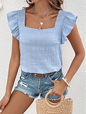 cheap Plain Blouses-Women's Blouse Solid Color Vintage Stylish Casual Short Sleeve Square Neck Regular Tops Casual Daily Blue White Pink Red Purple Summer Spring