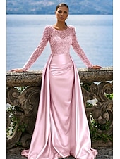 economico Abiti da ballo-Sirena Tromba Lunghezza al pavimento Abito da Sera Elegante Brillare &amp; Splendere Manica Lunga Scollo Illusione Carnevale Mascherata Abito Champagne per la Madre della Sposa Raso Con Paillettes con