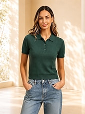 cheap Plain Blouses-Women's Shirt T Shirt Polo Shirts Tee Top Solid Color Vintage Stylish Classic Short Sleeve Shirt Collar Regular Tops Casual Black Army Green Gray Summer Spring