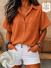 cheap Shirts-Women's Vintage Sand Wash 100% Cotton Texture Pocket Solid Color Plain Short Sleeve Regular Tops Casual White Orange Light Blue Summer