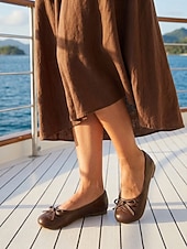 Недорогие Women-Women's Brown Wide-fit Bow Ballet Flats – Comfortable Soft Round-Toe Slip-On Shoes, Casual Faux Leather Non-Slip Flats for Cruise, Vacation &amp; Everyday Wear