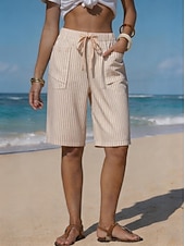 baratos Bermudas-Mulheres chinês Calção Shorts de verão Básico Comprimento do joelho Cintura Alta Listrado Bolsos Cintura elástica Listrado Confortável Conforto Macio Sem Elasticidade Ao ar livre Férias Formal Azul