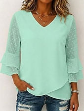 billiga Enkel t-shirt-Dam T-shirt T-tröja Elegant 3/4 ärm Volangärm V-hals Vanliga toppar Ledigt Standkläder Blå Svart Vit Rodnande Rosa Grön Sommar Vår
