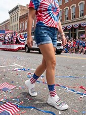  hvite slip-on-sneakers med patriotisk bukett til dame – lette, blomsterprintede tursko til uavhengighetsdagen, parade og sommerfestivaler &uformelt streetwear