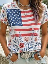 cheap Independence Day Top-American Independence Day Women's T Shirt Print Graphic American Flag Vintage Fashion Casual Short Sleeve Crew Neck Regular Tops Casual Daily Weekend Blue Red Summer Spring