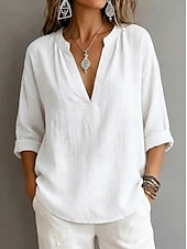 cheap Plain Blouses-Women's Shirt Blouse Solid Color Vacation Stylish 3/4 Length Sleeve V Neck Regular Tops Casual Daily Blue Black White Pink Summer Spring