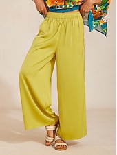 abordables Pantalons-pantalon large jaune en satin soyeux
