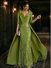 abordables Vestidos de gala-Corte A Hasta el Suelo Bordado con cuentas Vestido formal Vestido de madre de la novia Vestidos de noche Vestido de baile con sobrefalda Vestimenta formal Elegante Sedoso Manga 3/4 Cuello Camisero