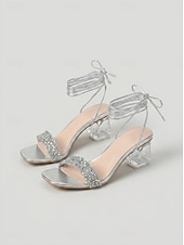 cheap Wedding Guest-Women's Silver Block Heel Sandals with Lucite Clear Heel and Ankle Tie for Garden Wedding Guest