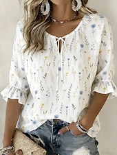 economico Bluse Floreali-Per donna Camicia Blusa Coulisse Nodo frontale Stampato Floreale Grafico Vintage Quotidiano Elegante Mezza Manica Girocollo Top lunghi Casuale Quotidiano Bianco Beige Estate Primavera