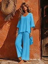 cheap Sets-Women's Cotton Linen Sets Pants Sets Bolero Long Sleeve Crew Neck Solid Color Fashion Streetwear Casual Daily Outdoor Blue Black White Summer Regular Fit