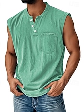  Men's Vintage Tank Top 100% Cotton Acid Wash Vest Top Undershirt Sleeveless Shirt Sleeveless Henley Summer Plain Fashion Designer Basic Pocket Buttons Vacation Street Black Top Tee for Men