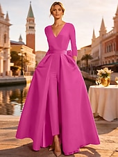 abordables Vestidos de gala-Dos Piezas Mono Hasta el Suelo Desmontable Vestidos de noche Elegante Manga Larga Escote en Pico Boda Invitado a la boda Bolsillo Tejido elástico con Mariposa