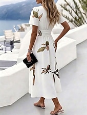 cheap Elegant Floral Dresses-Women's Midi Dress A Line Dress Vacation Casual Boho Regular Fit Floral Graphic Short Sleeve V Neck Blue White Pink Beige Summer Spring