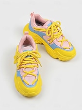 baratos Ténis de mulher-Tênis chunky feminino - tênis plataforma modernos em blocos de cores rosa, amarelo e azul para streetwear e festas casuais. &amp;roupas de clube hip hop