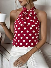 cheap Graphic Tank-Women's T Shirt Tee Top Print Polka Dot Fashion Stylish Classic Sleeveless Halter Neck Regular Tops Casual Daily Going out Black White Wine Navy Blue Summer Spring