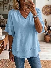 billige Enkle bluser-Dame Bluse Helfarge Årgang Stilfull Grunnleggende Kortermet V-hals Vanlige topper Avslappet Daglig Blå Svart Hvit Gul Rosa Sommer Vår