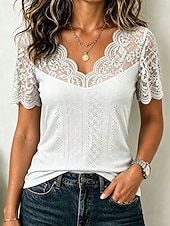  Mulheres Topo de ilhó Camiseta Pointelle Tops de renda Renda Patchwork Tecido Elegante Moderno Manga Curta Decote V Tops regulares Casual Diário Preto Raiz de Lótus Rosa Branco Rosa Verde Verão