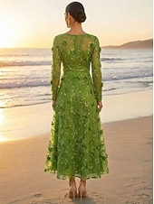 cheap Ankle Length-A-Line Dress Ankle Length Cocktail Dress Wedding Guest Dress Mother of the Bride Dress Long Sleeve V Neck Elegant Luxurious Casual Formal Wedding Guest Kentucky Derby Lace Tulle with 3D Flowers