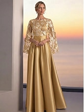 preiswerte A-Linie Abendkleider-A-Linie Bodenlang Perlenbestickt Abendkleid Kleid der Brautmutter Abendkleid Ballkleid Festliche Kleidung Elegant Farbblock Langarm Rundhalsausschnitt Hochzeit Formell Tasche Satin Spitze Tiefer