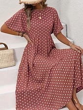 preiswerte Einfaches Kleid-Damen Midikleid Freizeitkleid T-Shirt-Kleid A Linie Kleid Elegant Mode Modern Outdoor Urlaub Ausgehen Normale Passform Tupfen Kurzarm Rundhalsausschnitt Blau Gelb Rosa Grün Sommer Frühling