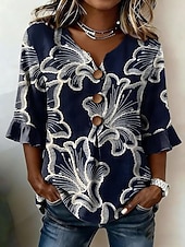 economico Bluse a righe e geometriche-Per donna Camicia Camicia Boho Camicia casual Grafico A righe Elegante Bohemien Attivo Manica 3/4 Scollo a V Top lunghi Casuale Bianco e blu nero+bianco+verde Blu scuro Azzurro Estate Primavera
