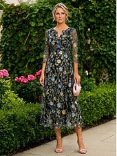 cheap Ankle Length-A-Line Dress Floor Length Tea Length Lace Dress Cocktail Dress Mother of the Bride Dress 3/4 Length Sleeve Crew Neck V Neck Elegant Simple Casual Formal Wedding Guest Semi Formal Lace with Embroidery