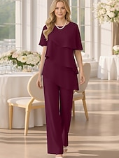 voordelige Broekpakken van mama-Tweedelig Broek Tot de grond Moeder van de bruid jurk Korte mouw Met sieraad Elegant Grote maten Bruiloft gast Chiffon met Gelaagde ruches