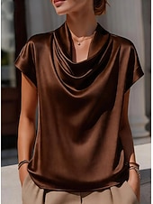 cheap Plain Blouses-Women's Lace Shirt Satin Top Draped Solid Color Plain Elegant Fashion Stylish Sleeveless Crew Neck Regular Tops Casual Beach Black White Wine Brown Summer