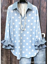 preiswerte Streifen- und geometrische Blusen-Damen Hemd Freizeithemd Rüsche Grafik Tupfen Farbblock Elegant Bohemien Aktiv Langarm Rüschenärmel V Ausschnitt Lange Oberteile Lässig Blau Rosa Orange Aprikose Sommer Frühling Herbst Winter