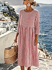 economico Abiti da vacanza-Per donna Abito Midi Abito a Tubino Vestito Estivo Vacanza Casual Spiaggia Uscire Vestibilità regolare Grafico Geometrico A righe Manica 3/4 Girocollo Blu Rosso Verde Grigio Estate Primavera
