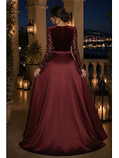 cheap A-Line Evening Dresses-A-Line Floor Length Formal Dresses Mother of the Bride Dress Evening Gown Formal Dress Elegant Glittering Sparkle Long Sleeve V Neck Wedding Formal Satin Sequined with Solid Color