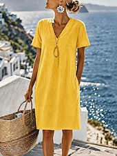  Vestido feminino de algodão e linho, comprimento até o joelho, modelo reto, ideal para o verão, casual e solto, com manga curta, decote em V, nas cores azul, amarelo e verde. Perfeito para a primavera e o verão.