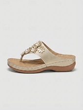 baratos Chinelos de slide-Sandálias femininas douradas com estampa floral, confortáveis e com tira entre os dedos em 3D, palmilha massageadora e amortecimento para maior conforto, ideais para viagens e caminhadas. &amp;uso diário