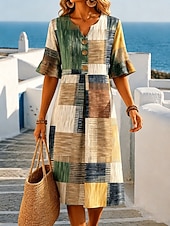 abordables Robes décontractées-Femmes Robe Midi Robe d'Été Robe trapèze Robe d'été Vacances Occasionnel Quotidien Plage Fête Coupe régulière Graphique Géométrique Bloc de Couleur Demi Manches Col en V Jaune Vin Chameau Vert Ét