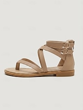 abordables Sandales Gladiateur-Sandales plates beiges à brides pour femmes - sandales gladiateur beiges minimalistes avec boucle à la cheville et fermeture éclair à l'arrière, idéales pour les vacances en plein air et les visites