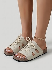 economico Infradito scivolosi-Sandali da donna beige regolabili con lacci – ciabatte a punta aperta con pianta larga e plantare sagomato, scarpe estive casual per piedi piatti &amp;piedi gonfi, comfort per tutto il giorno, viaggio