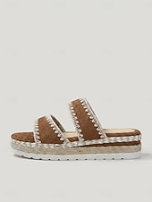 cheap Espadrille Sandals-Women's Boho Espadrille Sandals - Brown Suede Double Strap Platform Slides with Woven Stitching for Outdoor Resort, Beach Vacation &amp; Pool Party