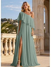 cheap Long Dresses &amp; Gowns-A-Line Floor Length Prom Dresses Elegant Sleeveless One Shoulder Formal Wedding Guest Stretch Chiffon with Ruffles Slit