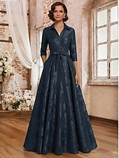 abordables Longueur du plancher-Ligne A Longueur au sol Robe de Cérémonie Robe de soirée Robe de Mère de Mariée  Manche 3/4 Col de chemise Élégant ancien Formel robe demoiselle d honneur Soirée Formelle Satin Jacquard avec Noeud(s