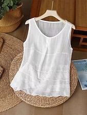 economico Serbatoio Semplice-Per donna Gilet in cotone e lino Arricciato Ricamato Tinta unica Elegante Senza Maniche Senza maniche Scollo Tondo Top Regolari Bianco Rosa Viola Kaki Estate Primavera