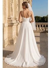 cheap Wedding Dresses-Beach Wedding Casual Simple Wedding Dresses Wedding Dresses Sheath Camisole Sleeveless Court Train Chiffon Bridal Gowns With Pleats