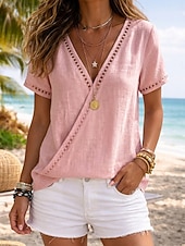 cheap Shirts-Women's Shirt Stylish Classic Short Sleeve V Neck Regular Tops Casual Going out Beach Wear Blue Yellow Pink Green Apricot Summer Spring
