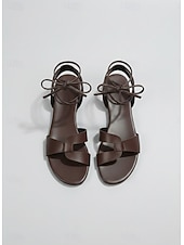 abordables Sandalias deslizantes-Sandalias planas marrones con cordones para mujer, cómodas sandalias de cuero con tiras que se atan al tobillo, ideales para cruceros y fiestas en yates. &amp;Escapadas de lujo al Mediterráneo en verano