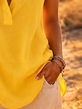  Mujer Camisa Camisas de algodón y lino Camisa de manga corta Blusa Botones Plano Elegante Clásico Moderno Sin Mangas Cuello Camisero Tops regulares Casual Diario Festivos Azul Piscina Blanco Amarillo