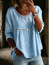 baratos Blusas Simples-Mulheres Blusa Algodão T-shirt Vazado Tecido Vintage à moda Moderno Meia Manga Gola Redonda Tops regulares Casual Diário Verão Azul Branco Rosa Azul Céu Verde Verão Primavera
