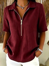  Dámské Halenka Košile z imitace lnu Zip Knoflíky Pevná barva Denní stylové Na běžné nošení Krátký rukáv Polo límec Běžné topy Ležérní Denní Vodní modrá Černá Bílá Žlutá Khaki Léto Jaro